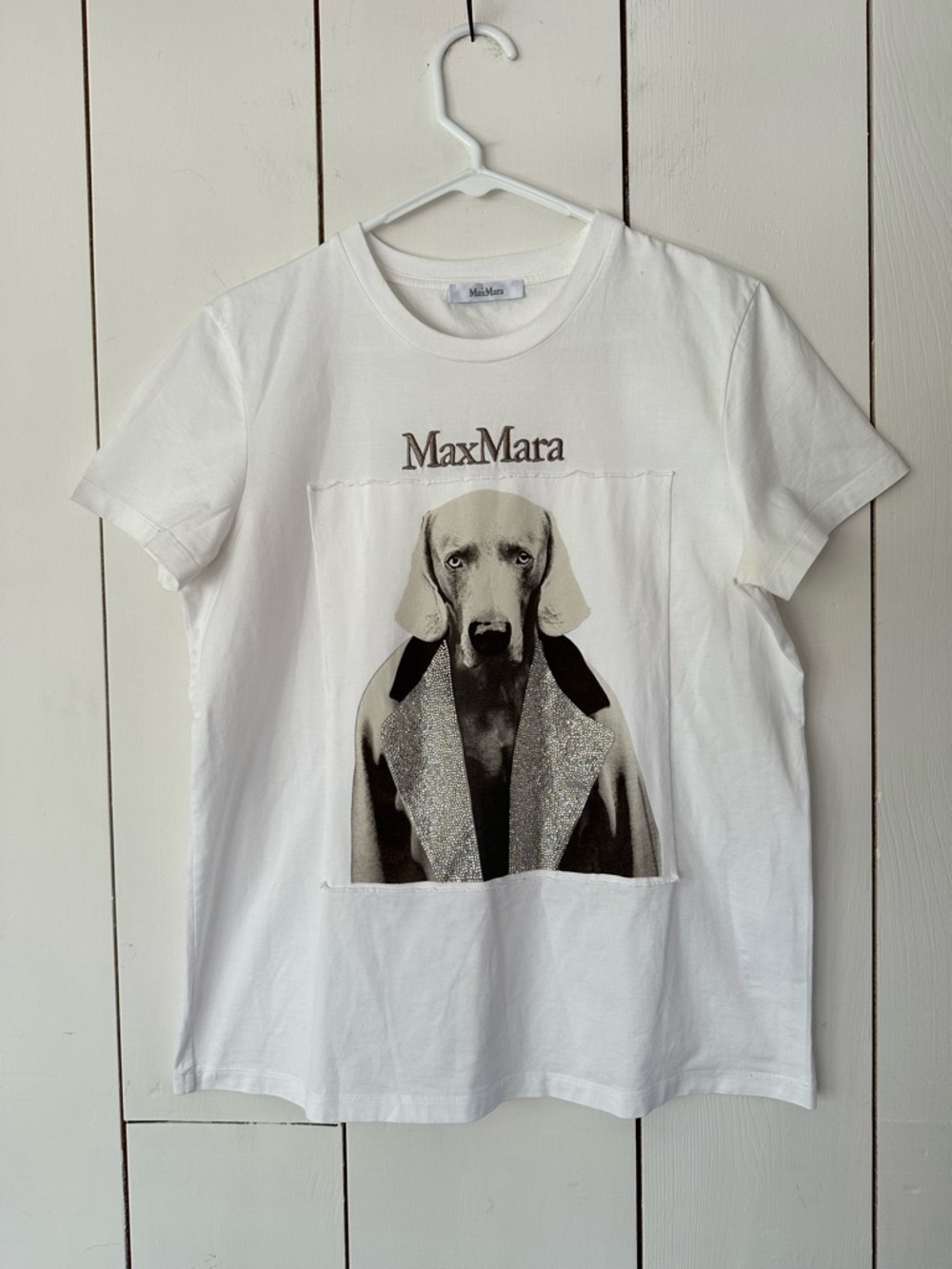 Max Mara William Wegman Weimaraner Dog T-Shirt Sz L White Rhinestones
